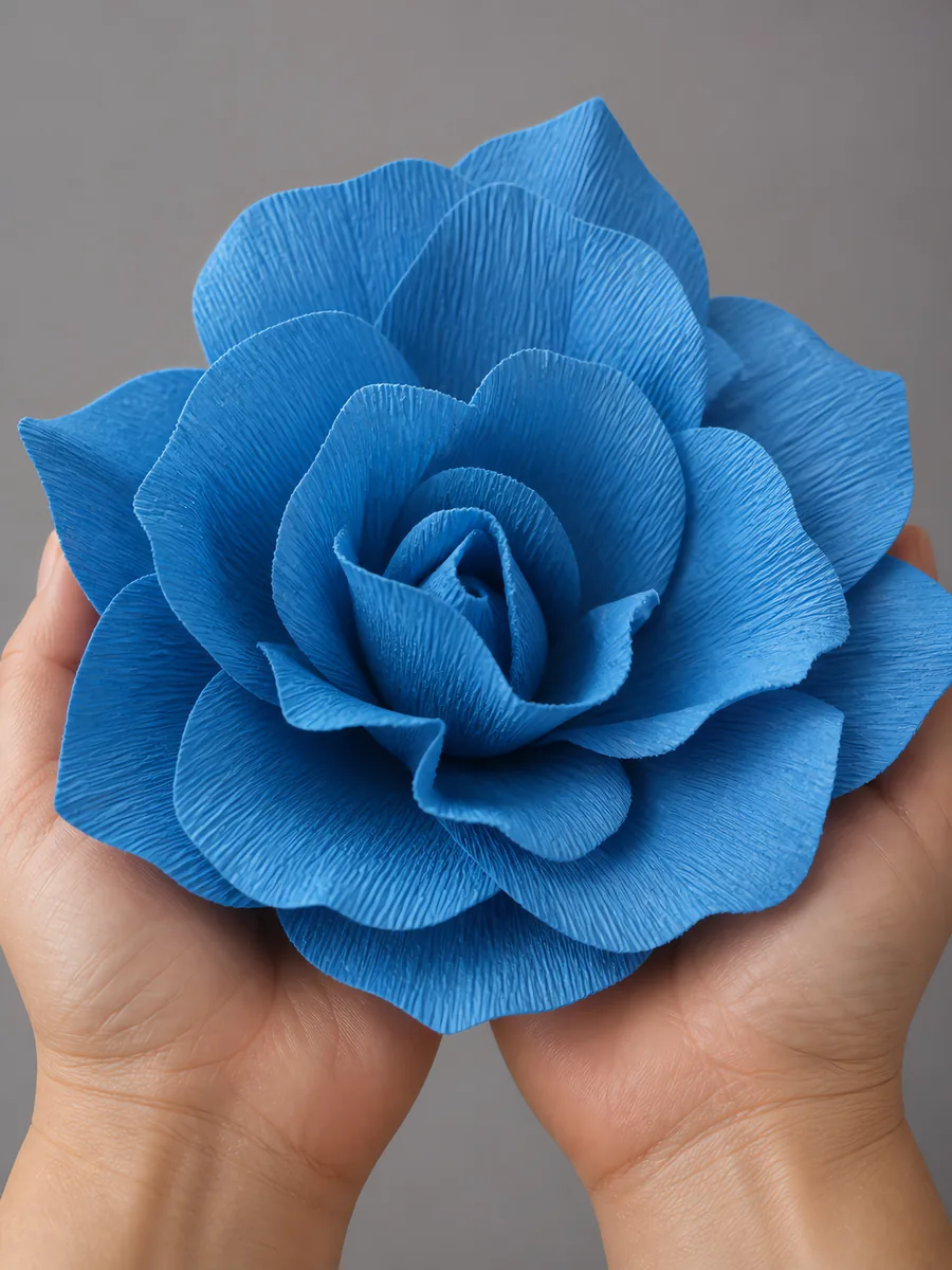 Manos sosteniendo una flor grande de papel crepé azul cielo