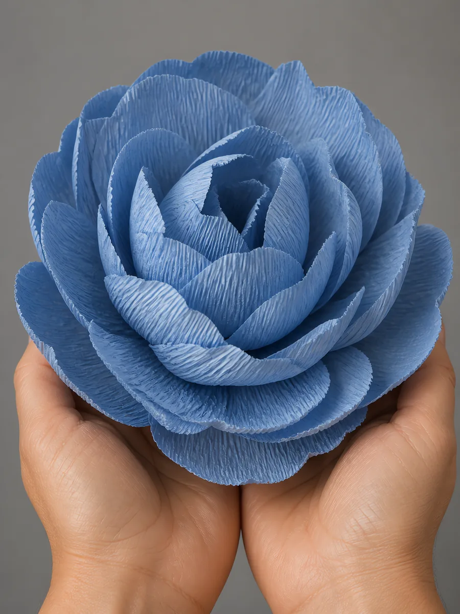 Manos sosteniendo una flor grande de papel crepé azul grisáceo
