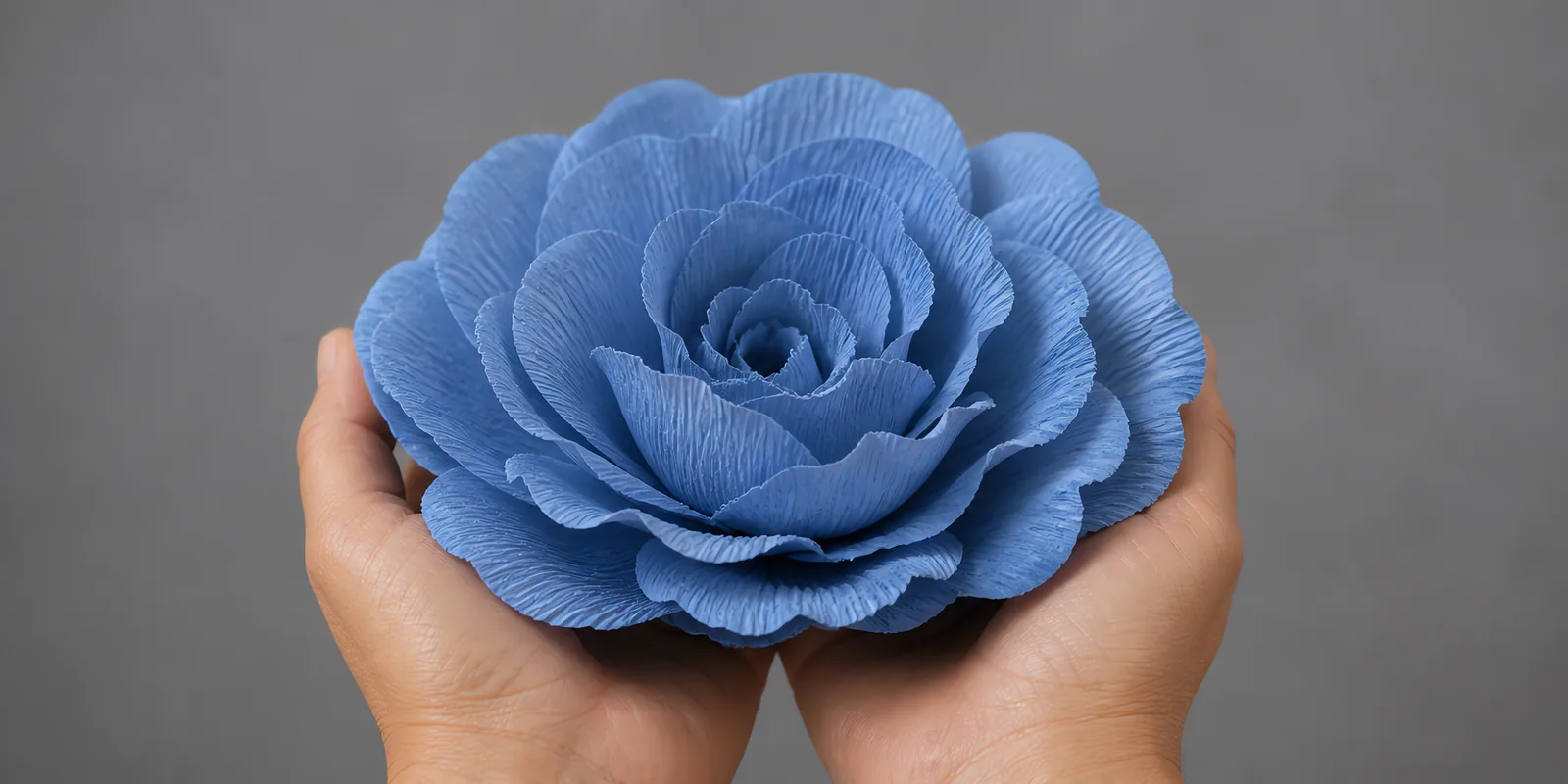 Manos sosteniendo una flor grande de papel crepé azul grisáceo