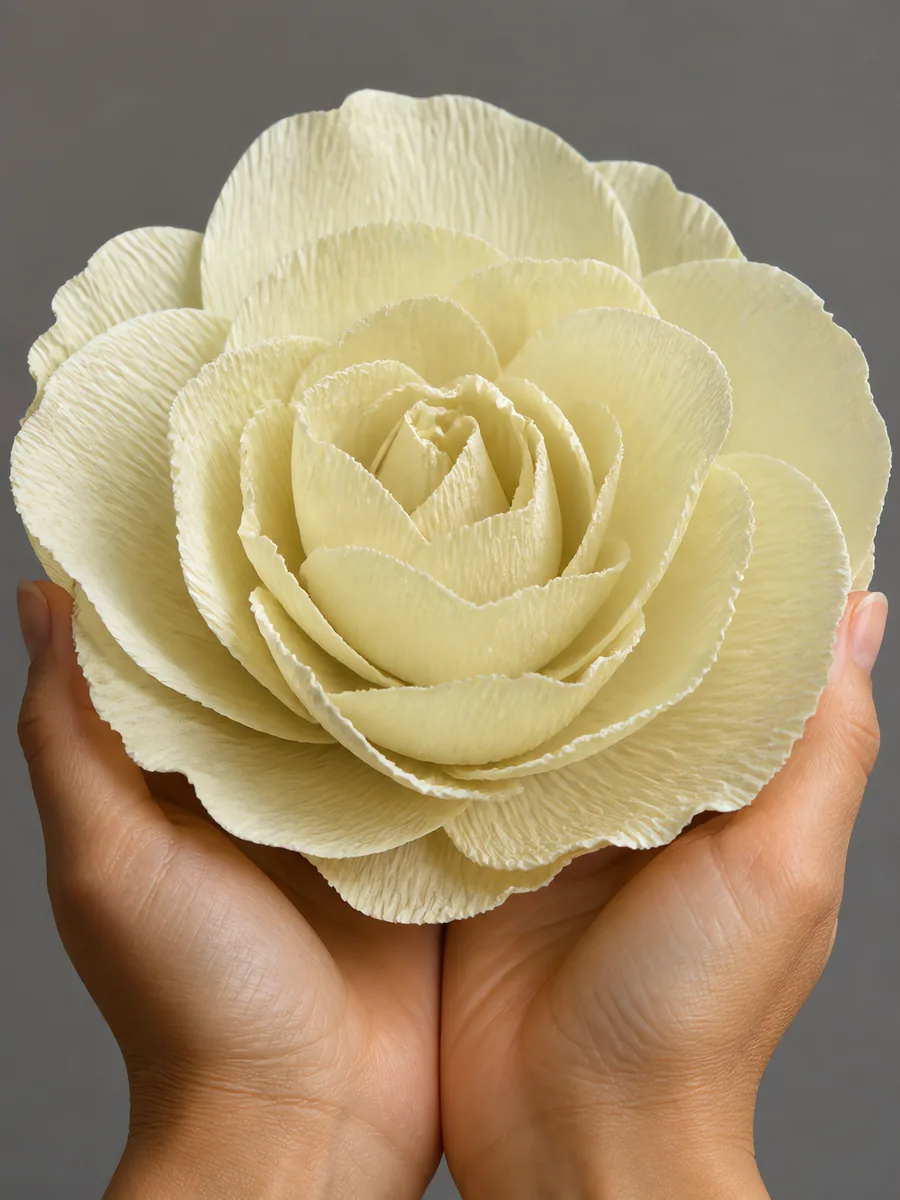 Manos sosteniendo una flor grande de papel crepé beige