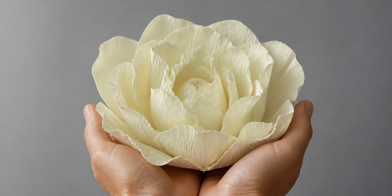 Manos sosteniendo una flor grande de papel crepé beige