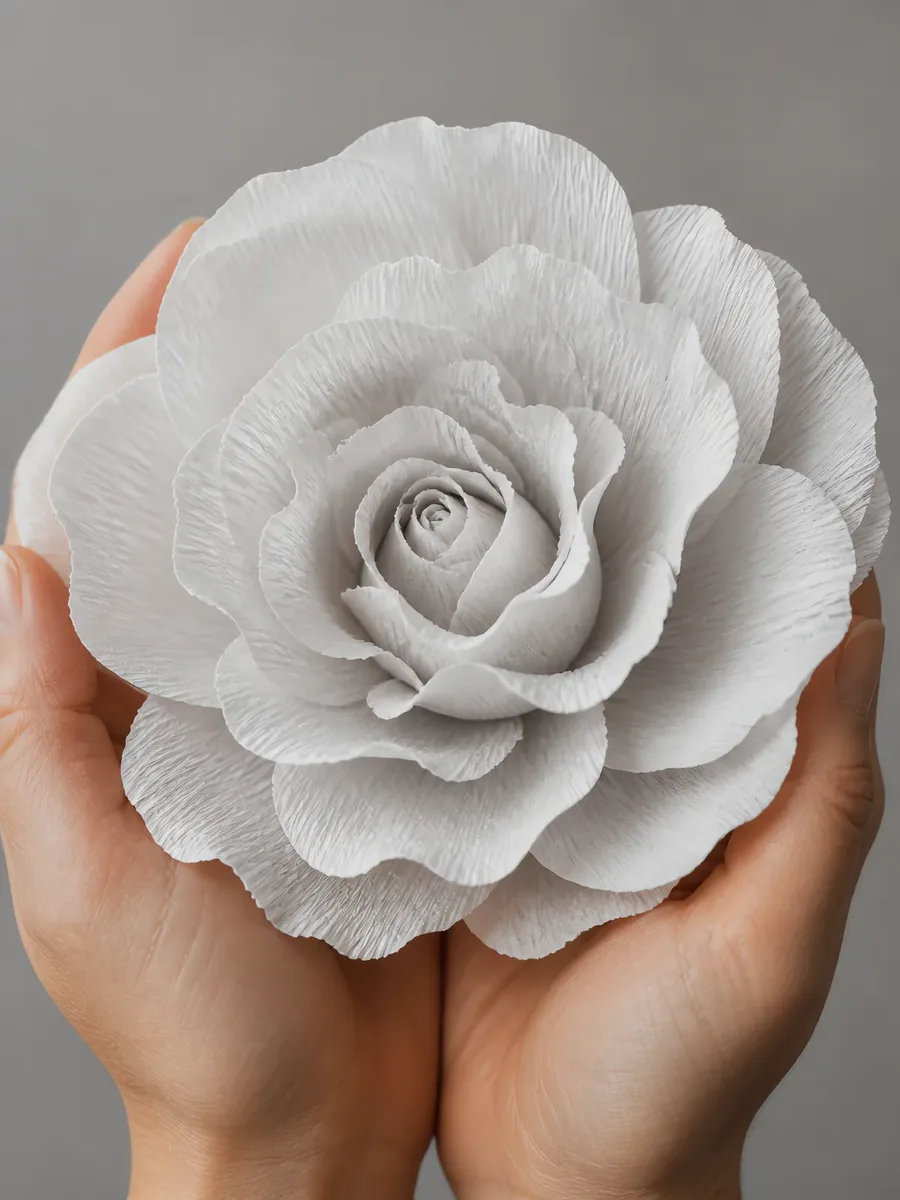 Manos sosteniendo una flor grande de papel crepé blanco