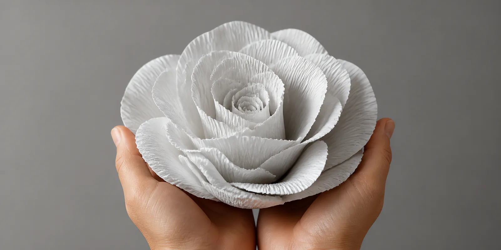 Manos sosteniendo una flor grande de papel crepé blanco