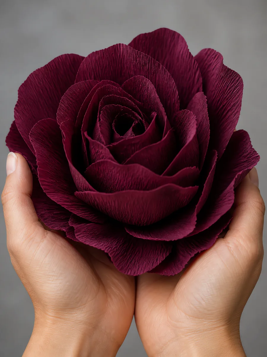 Manos sosteniendo una flor grande de papel crepé bordo