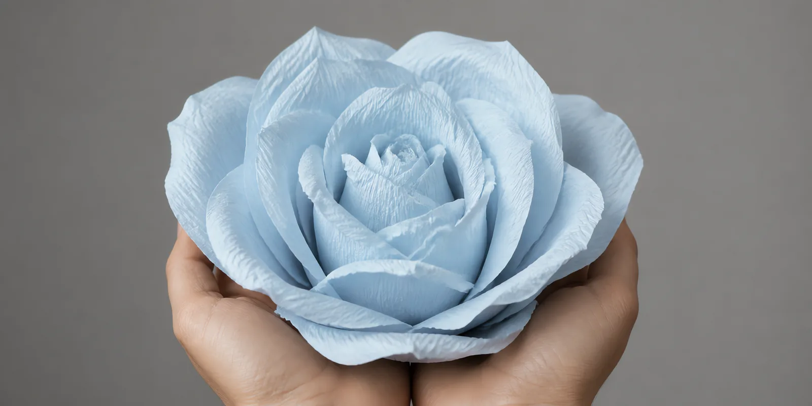 Manos sosteniendo una flor grande de papel crepé celeste cielo
