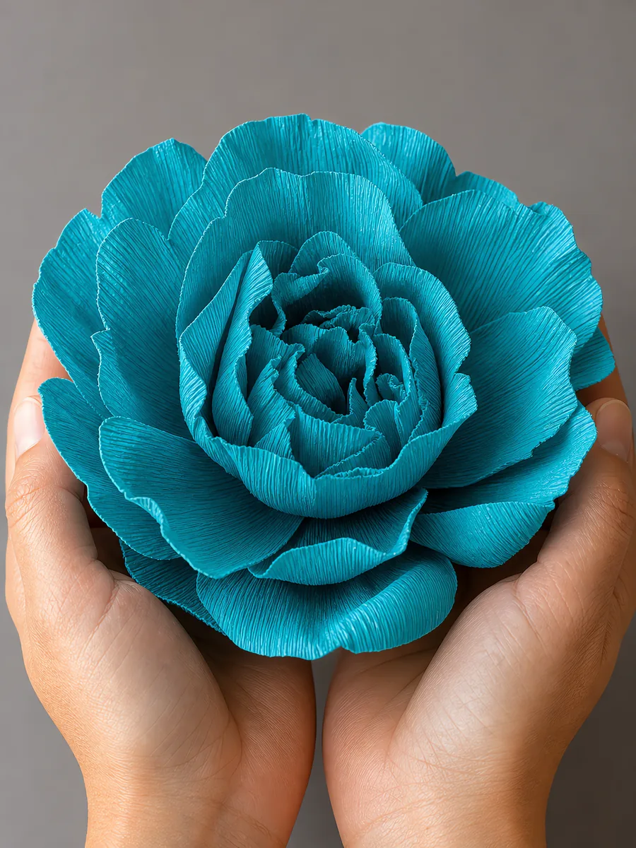 Manos sosteniendo una flor grande de papel crepé celeste encantado
