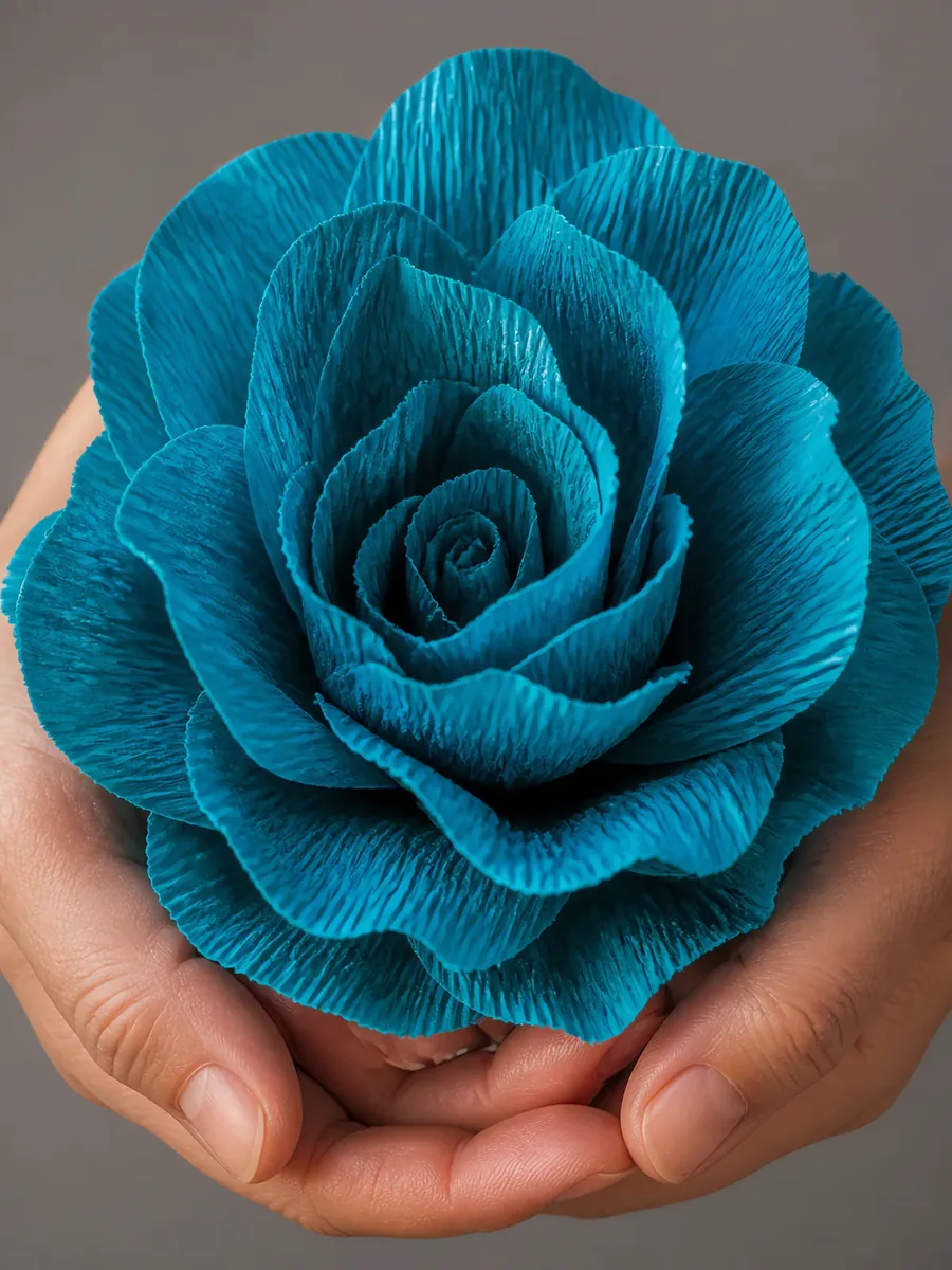 Manos sosteniendo una flor grande de papel crepé celeste mar
