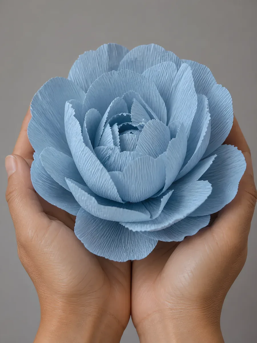 Manos sosteniendo una flor grande de papel crepé celeste sereno