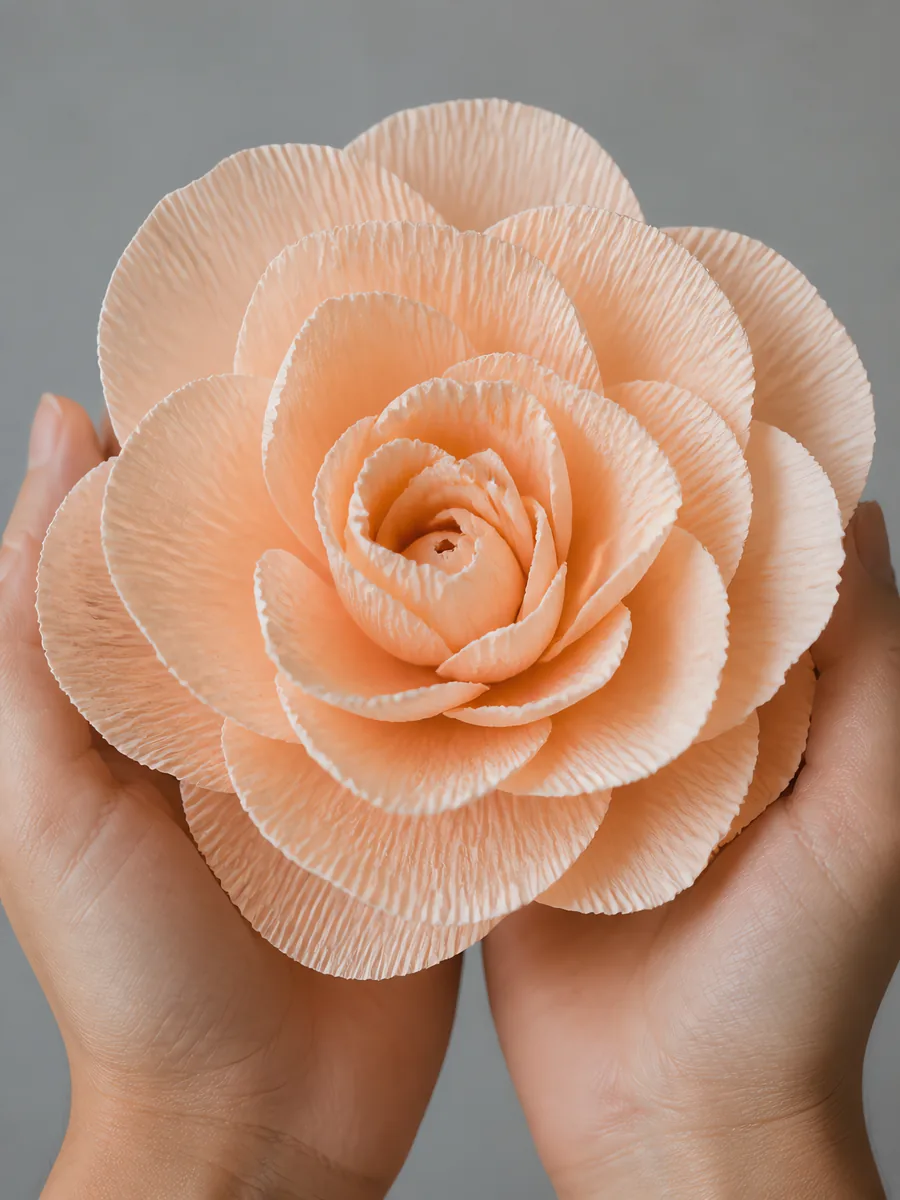 Manos sosteniendo una flor grande de papel crepé coral pastel
