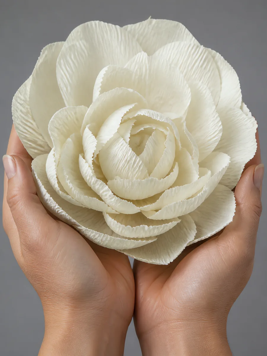 Manos sosteniendo una flor grande de papel crepé crudo
