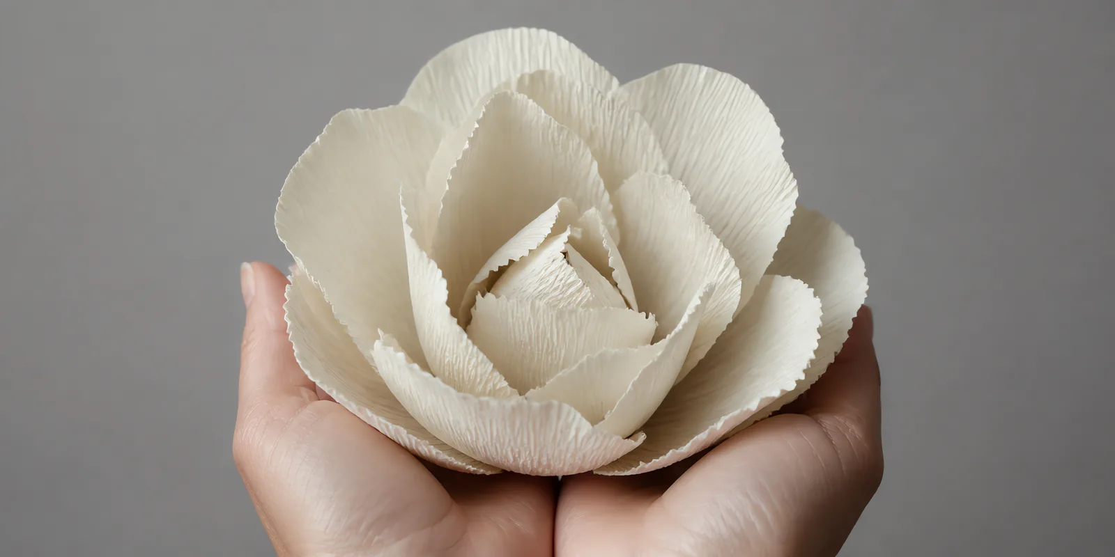 Manos sosteniendo una flor grande de papel crepé crudo