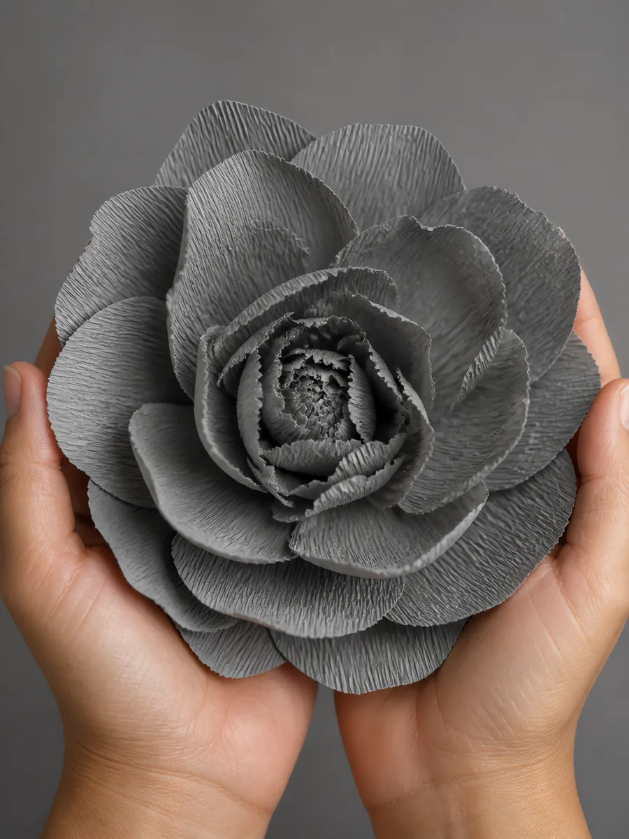 Manos sosteniendo una flor grande de papel crepé gris acero