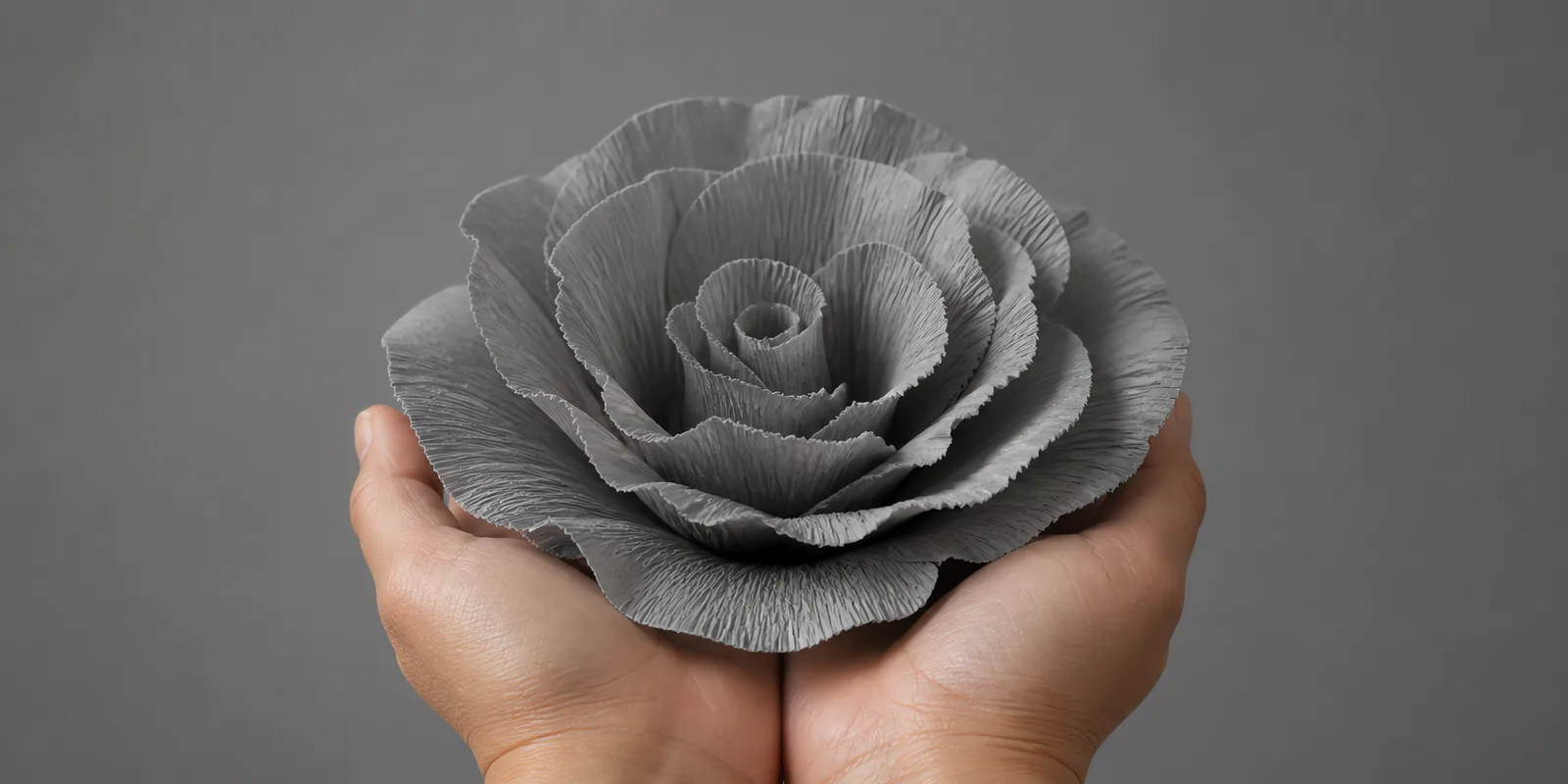 Manos sosteniendo una flor grande de papel crepé gris acero