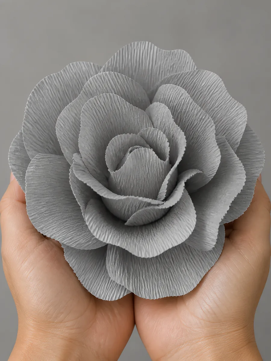 Manos sosteniendo una flor grande de papel crepé gris aluminio