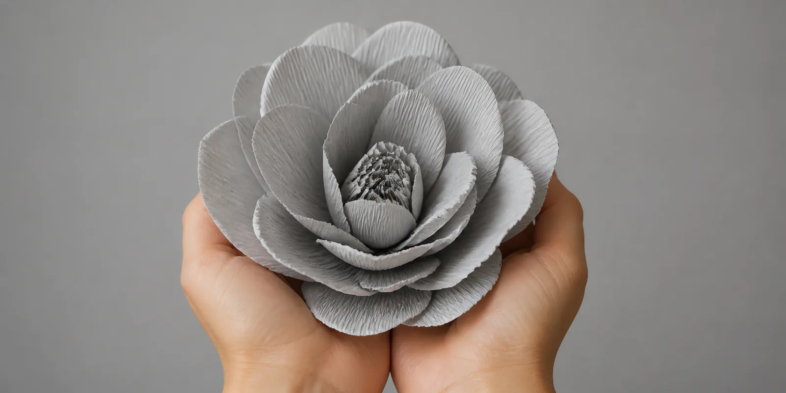 Manos sosteniendo una flor grande de papel crepé gris aluminio
