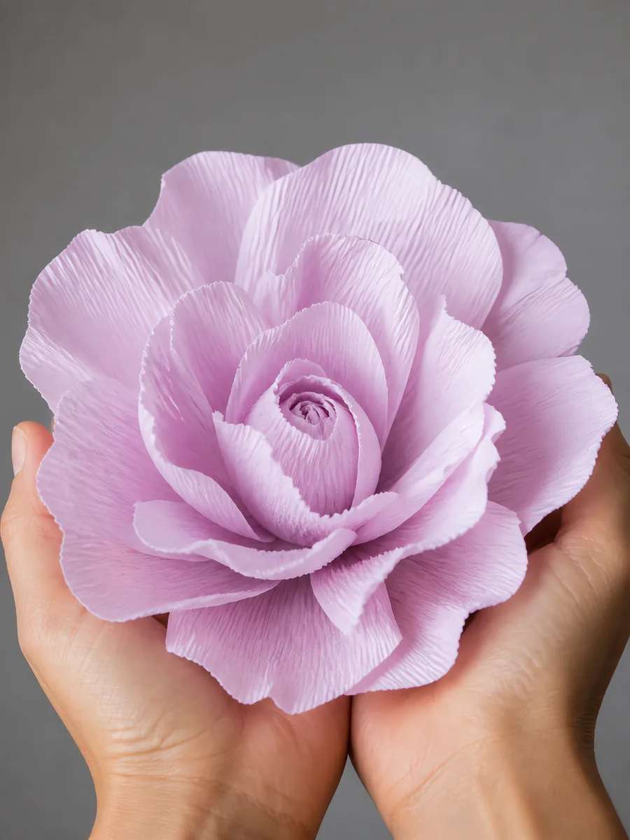 Manos sosteniendo una flor grande de papel crepé lavanda