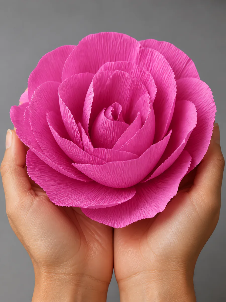 Manos sosteniendo una flor grande de papel crepé magenta