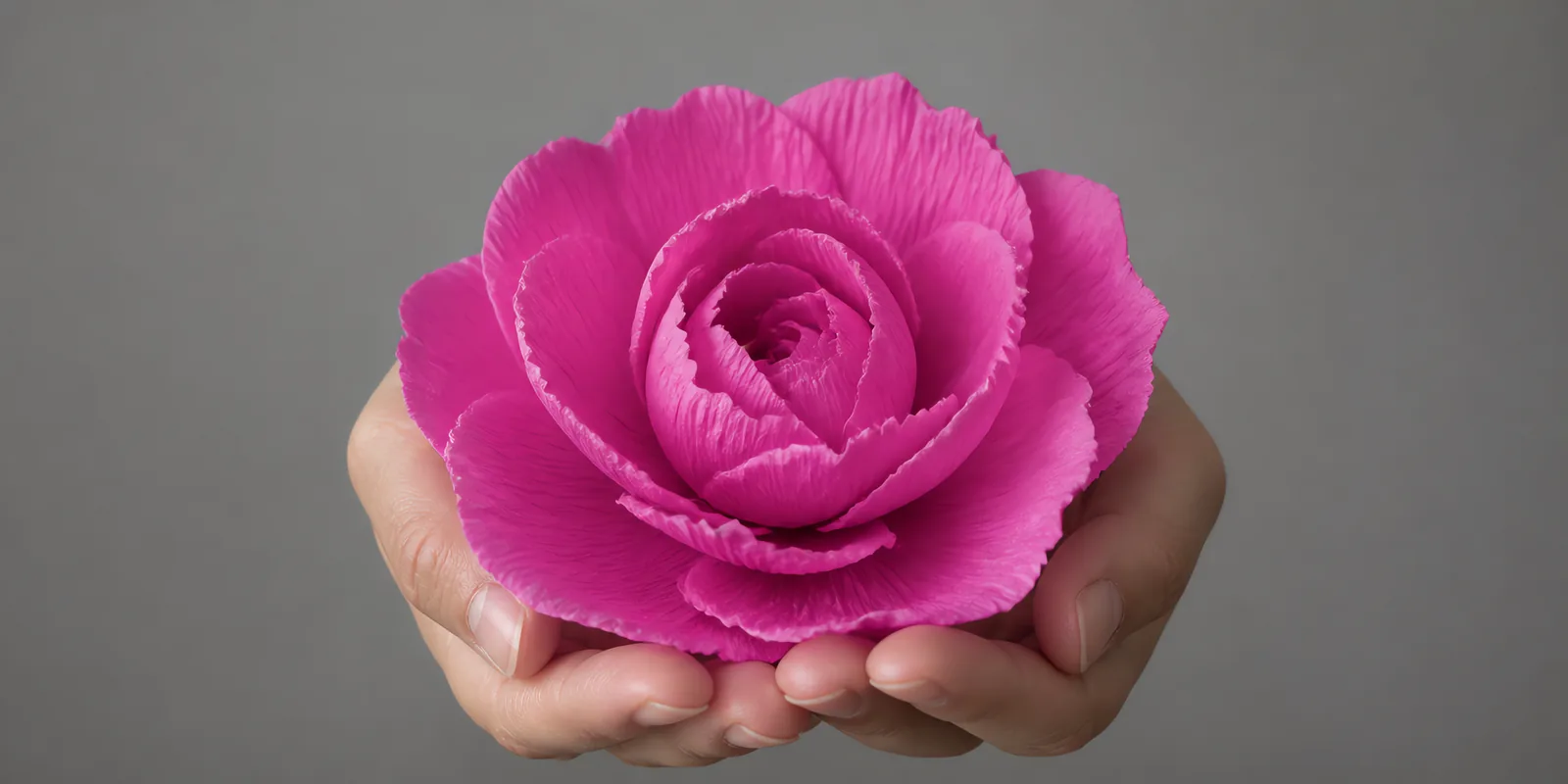 Manos sosteniendo una flor grande de papel crepé magenta