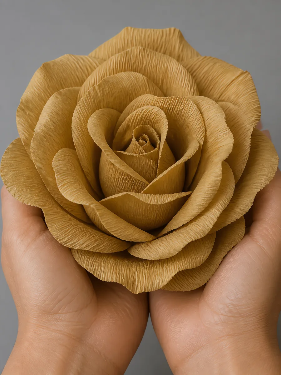 Manos sosteniendo una flor grande de papel crepé marrón café