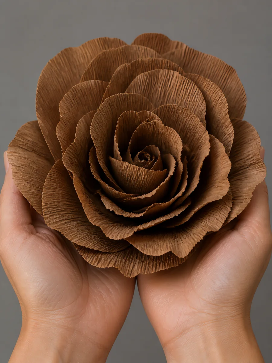 Manos sosteniendo una flor grande de papel crepé marrón clarito