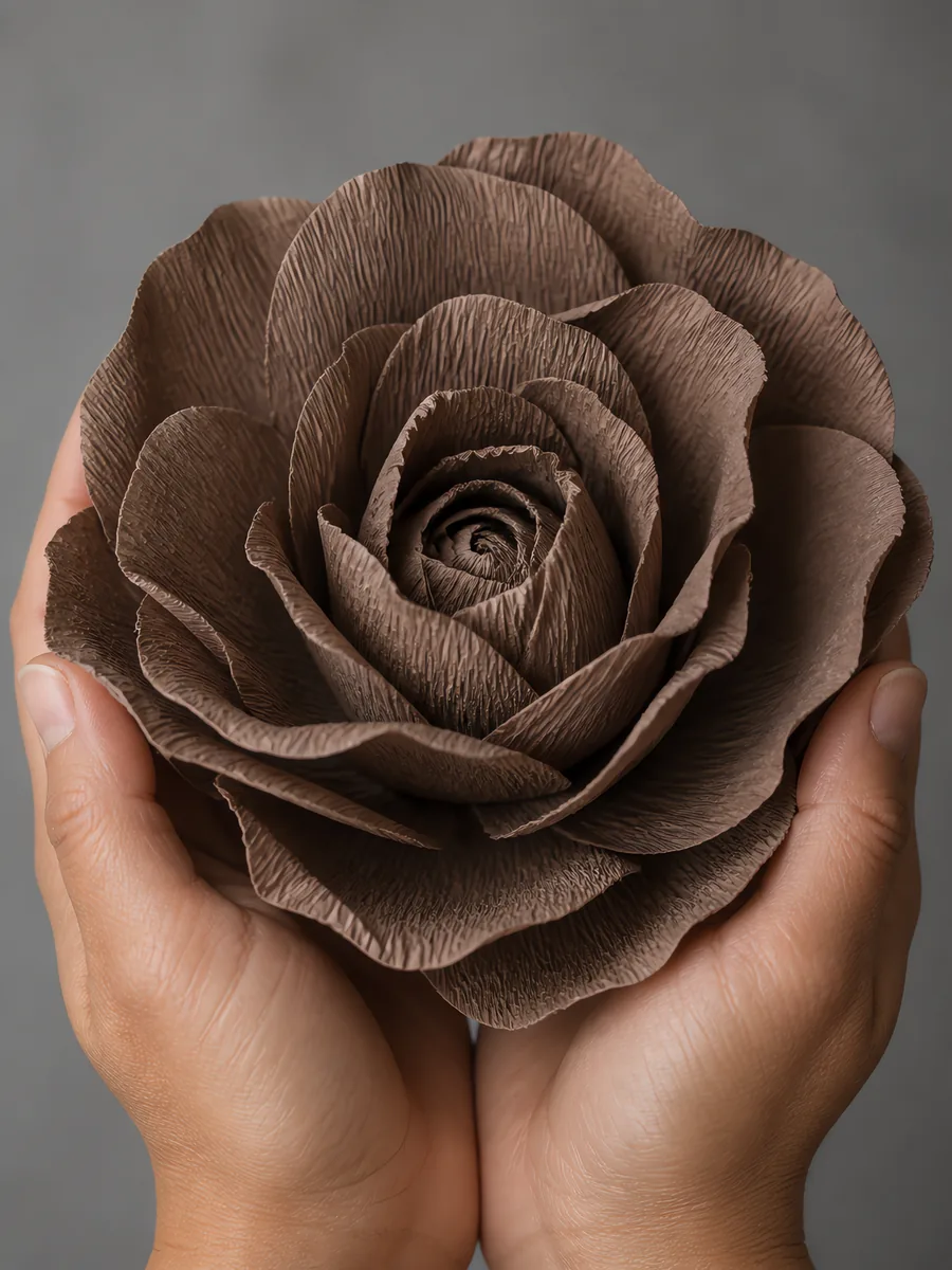 Manos sosteniendo una flor grande de papel crepé marrón grisáceo