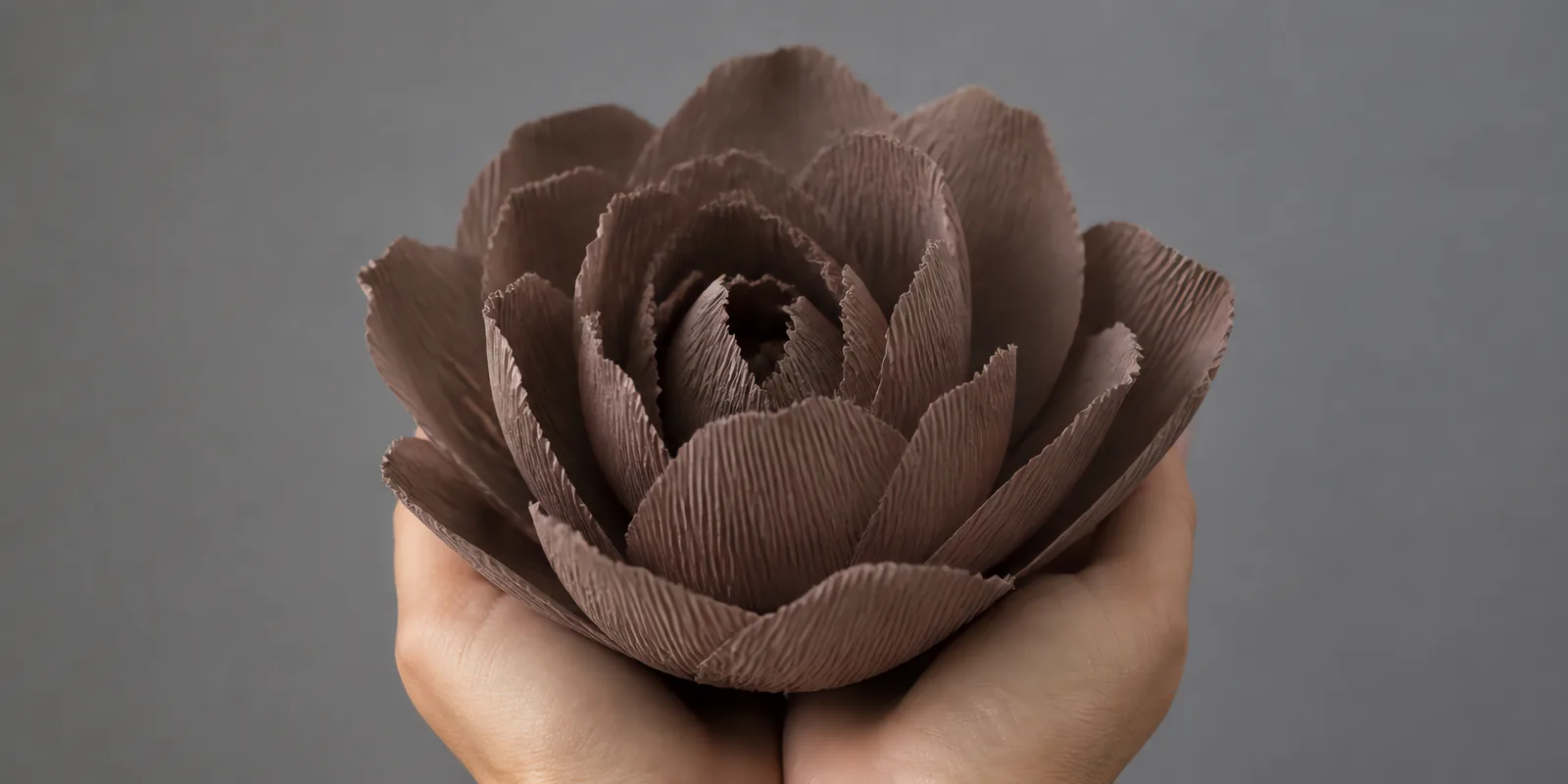 Manos sosteniendo una flor grande de papel crepé marrón grisáceo