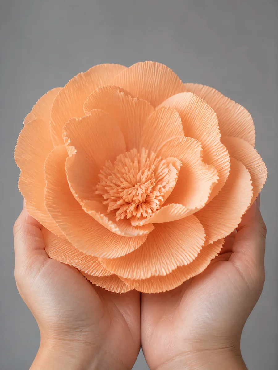 Manos sosteniendo una flor grande de papel crepé naranja mandarina