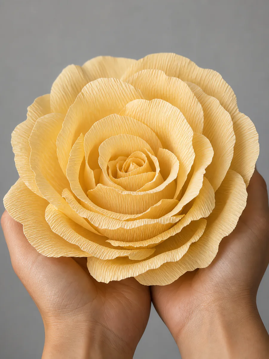 Manos sosteniendo una flor grande de papel crepé naranja pastel