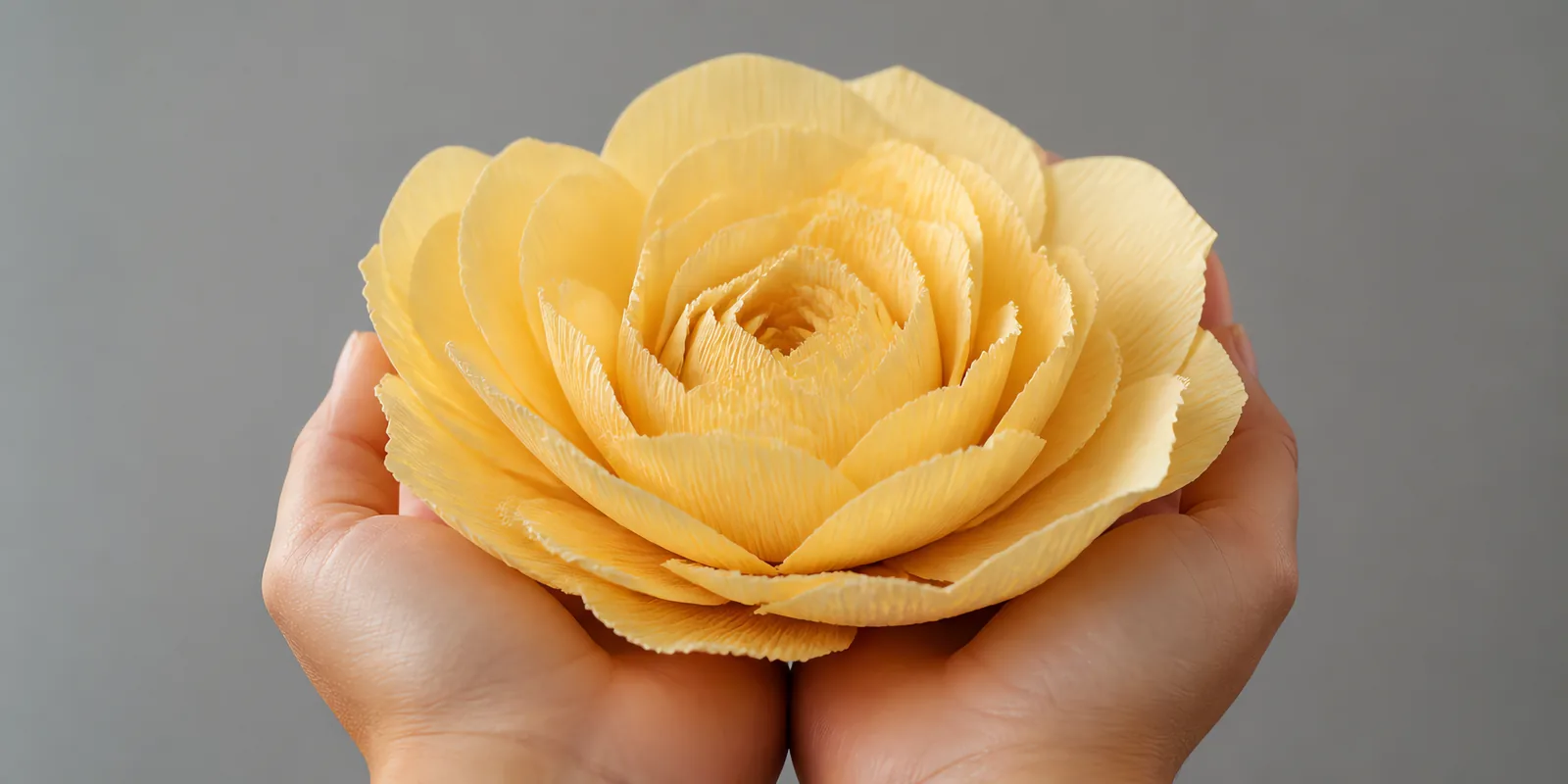 Manos sosteniendo una flor grande de papel crepé naranja pastel