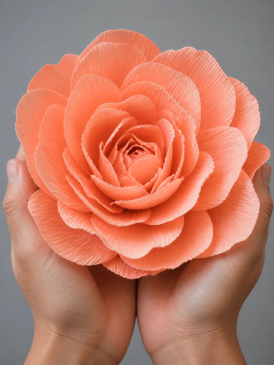 Manos sosteniendo una flor grande de papel crepé naranja