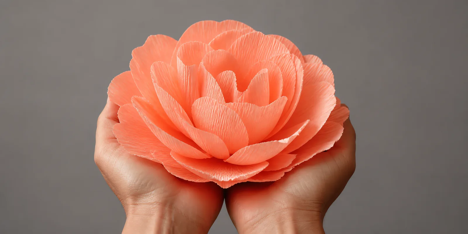 Manos sosteniendo una flor grande de papel crepé naranja