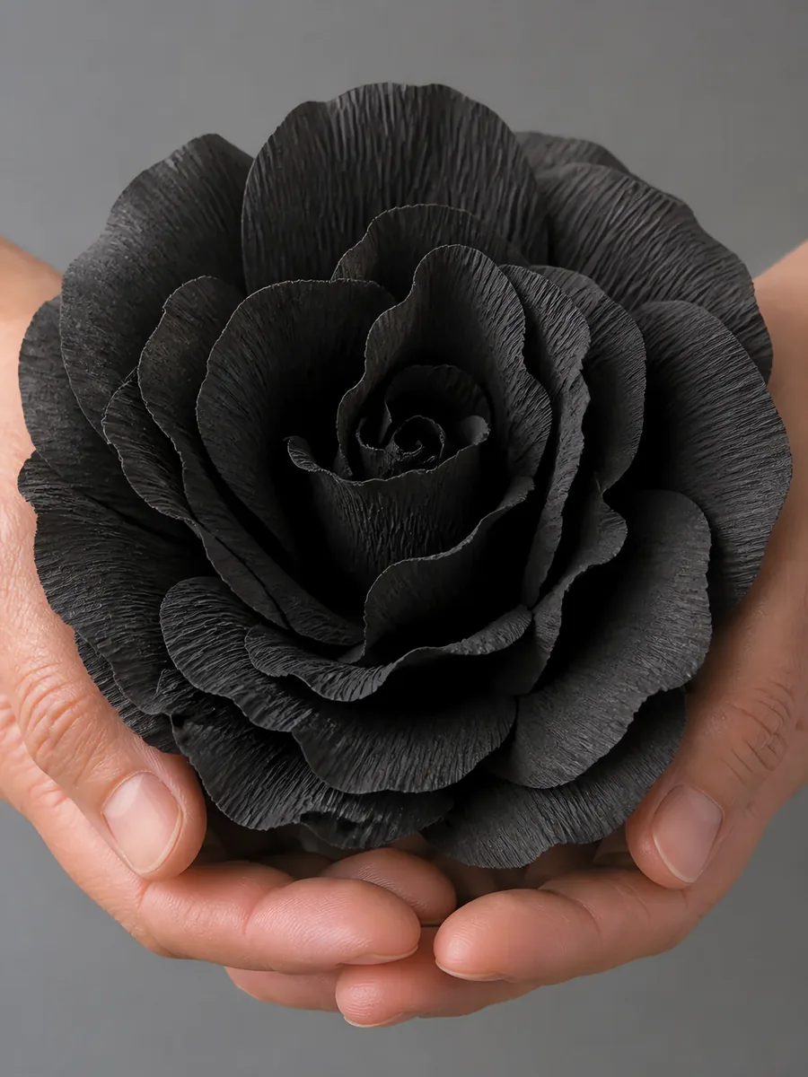 Manos sosteniendo una flor grande de papel crepé negro