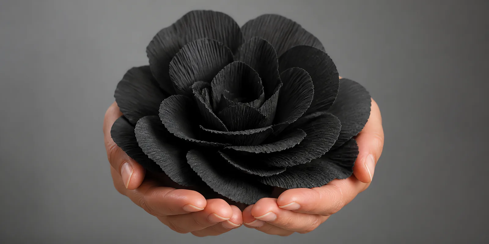 Manos sosteniendo una flor grande de papel crepé negro