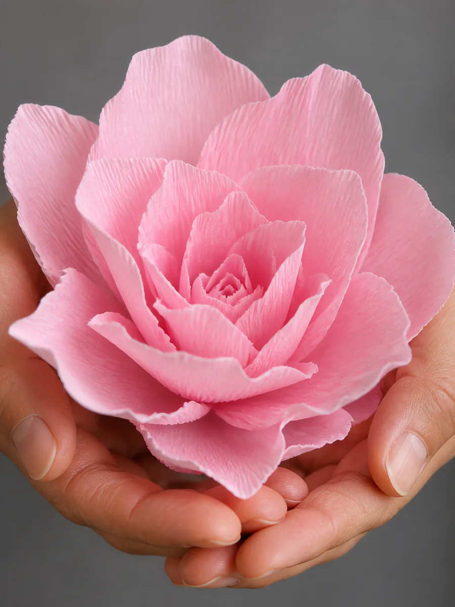Manos sosteniendo una flor grande de papel crepé rosa chicle