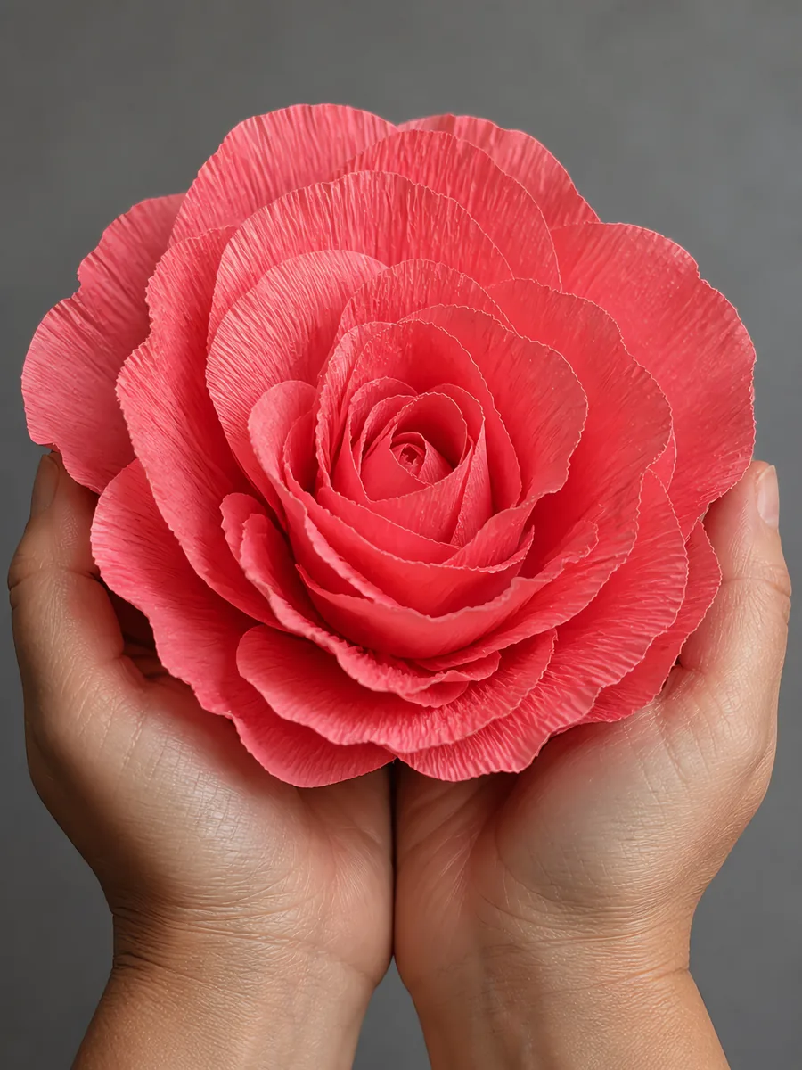 Manos sosteniendo una flor grande de papel crepé rosa melocotón
