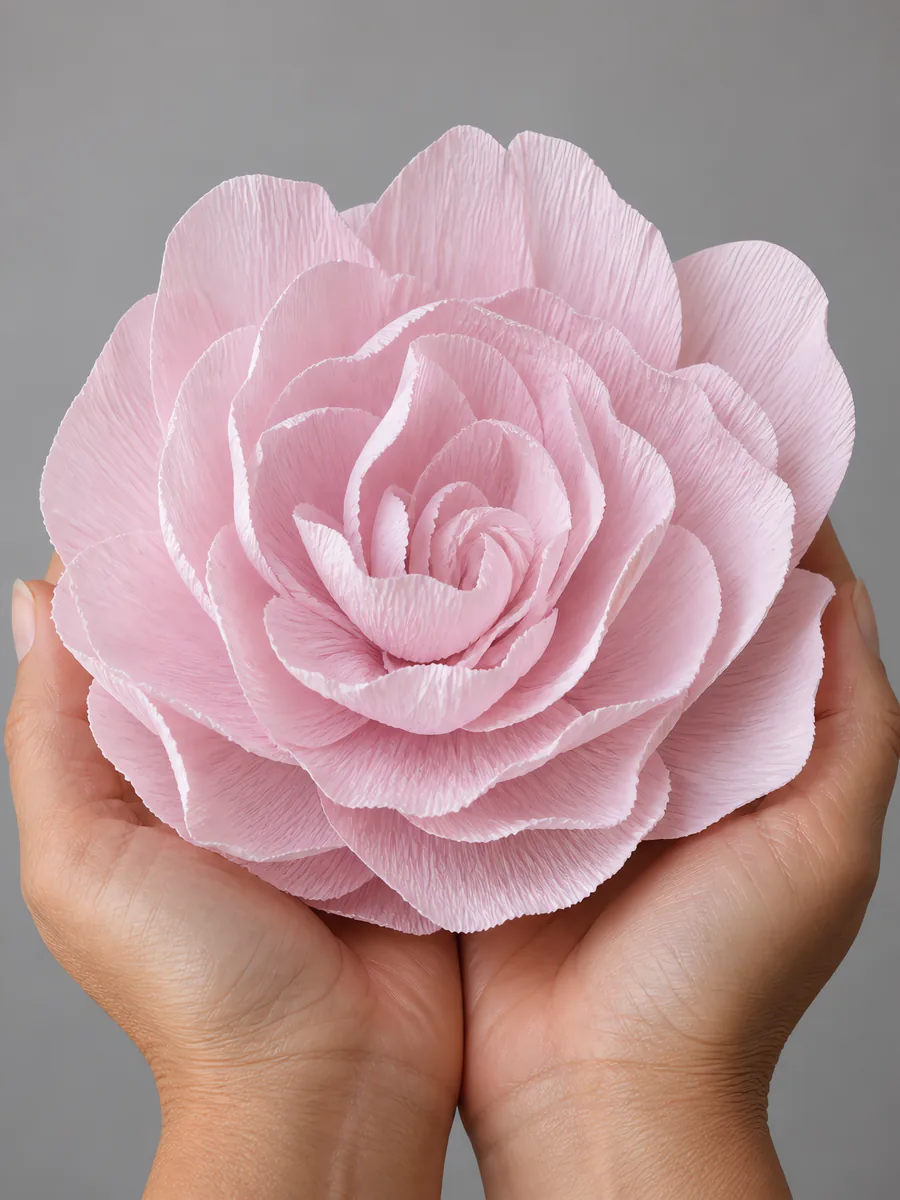 Manos sosteniendo una flor grande de papel crepé rosa pálido