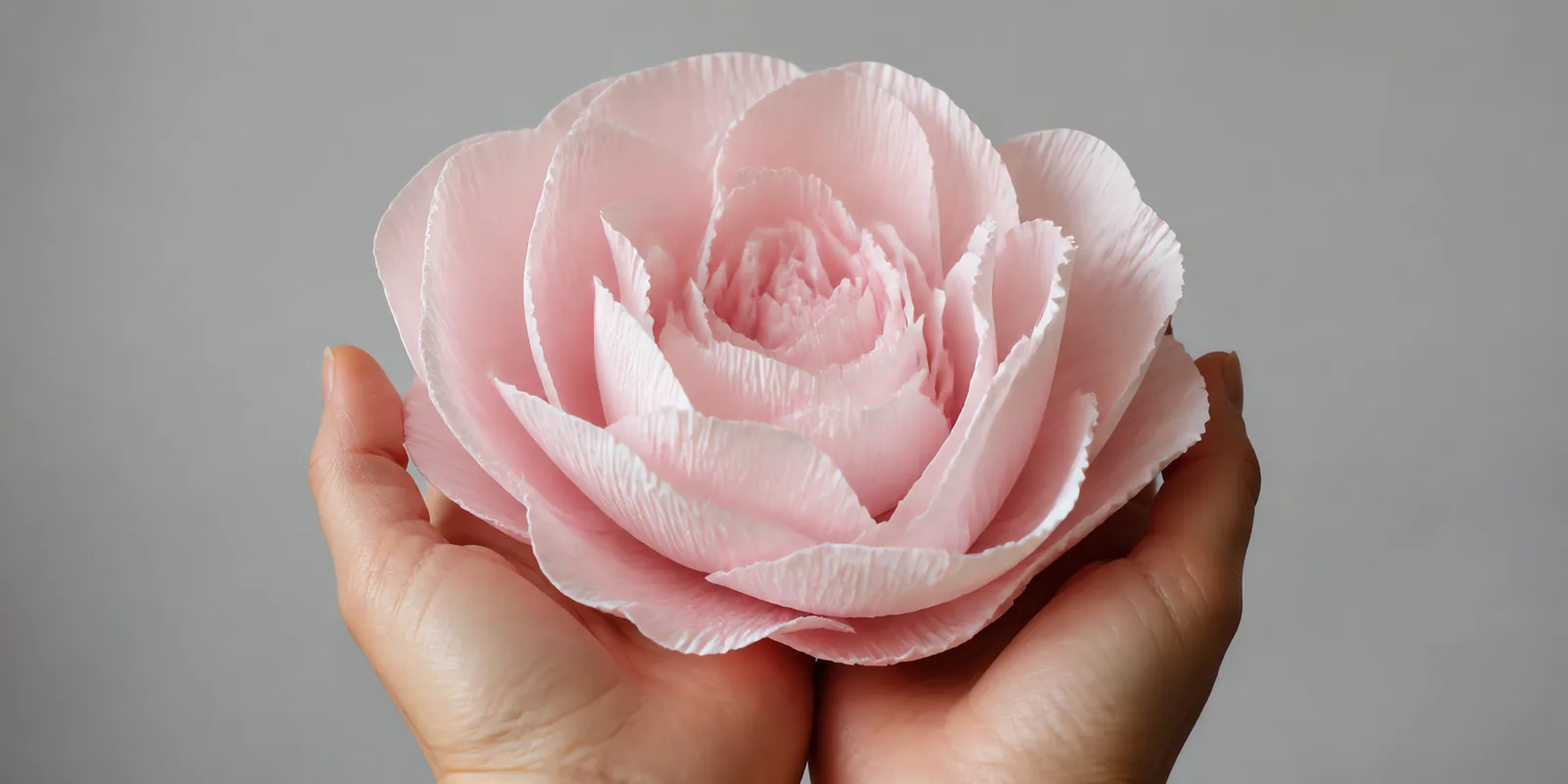 Manos sosteniendo una flor grande de papel crepé rosa pálido