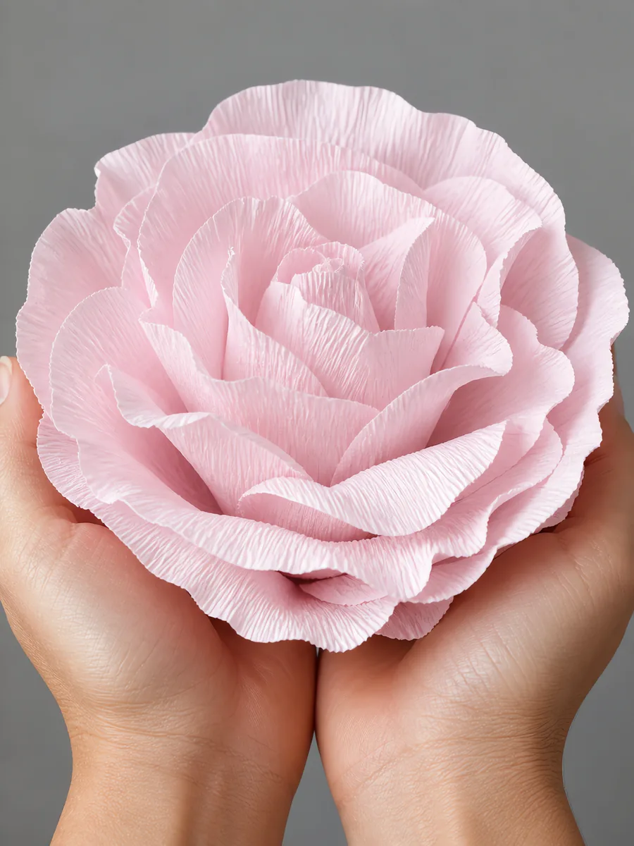 Manos sosteniendo una flor grande de papel crepé rosa pastel
