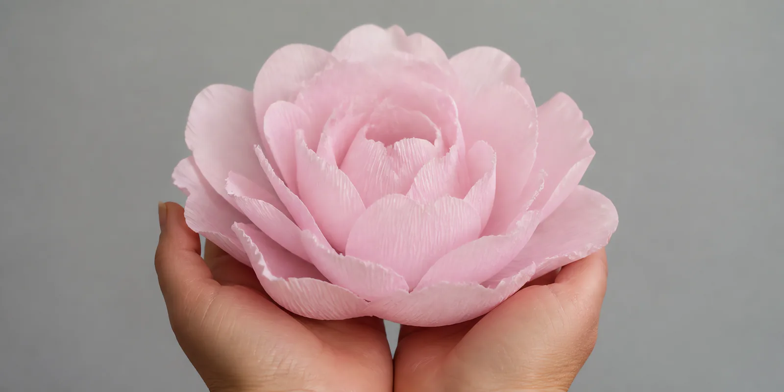 Manos sosteniendo una flor grande de papel crepé rosa pastel