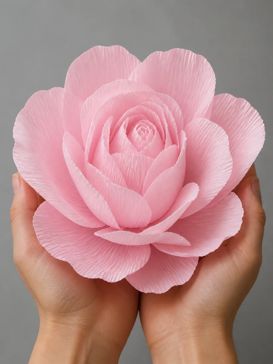 Manos sosteniendo una flor grande de papel crepé rosa