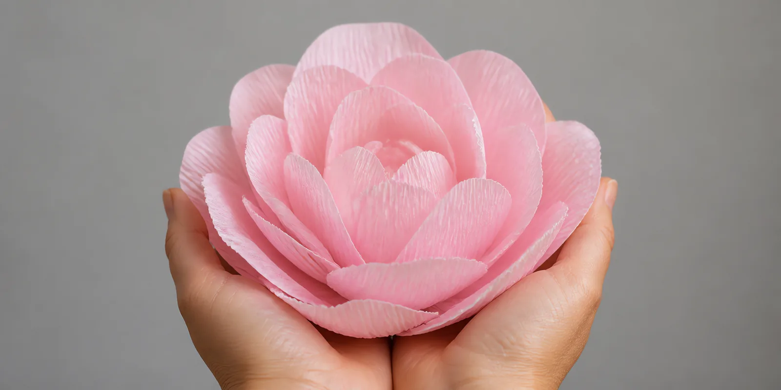 Manos sosteniendo una flor grande de papel crepé rosa