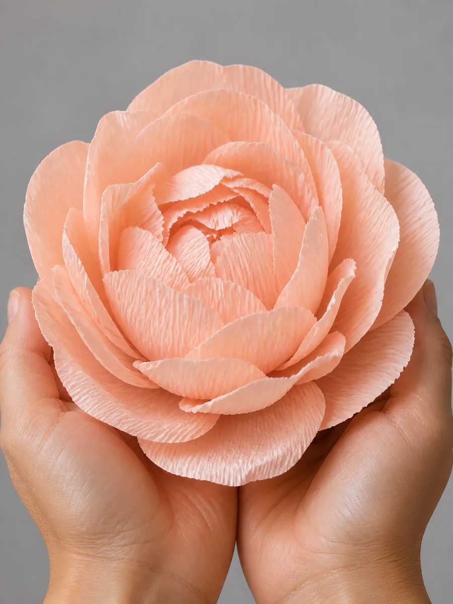 Manos sosteniendo una flor grande de papel crepé salmón