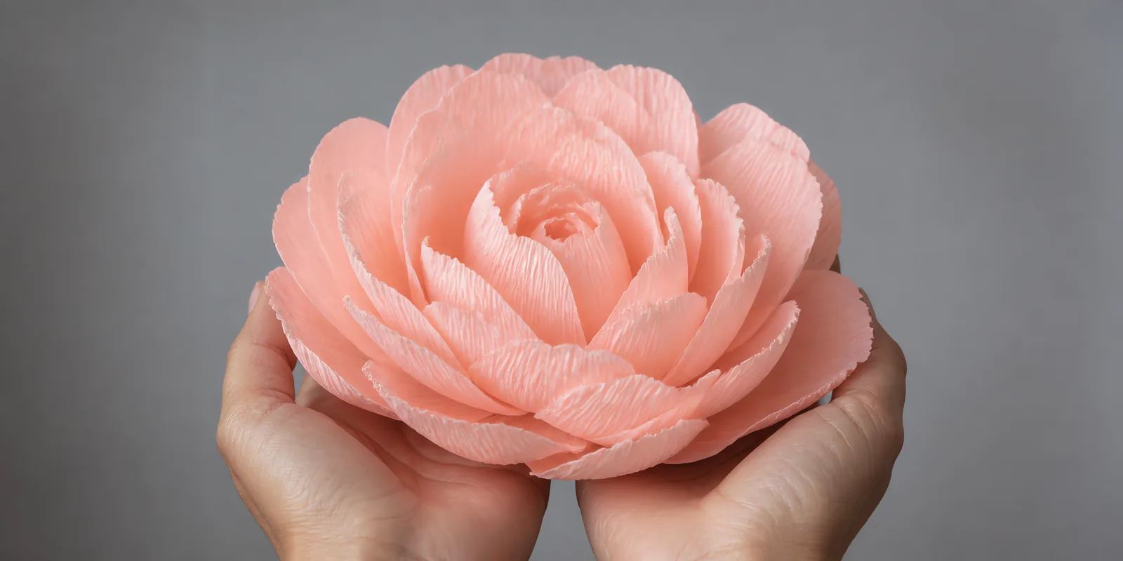 Manos sosteniendo una flor grande de papel crepé salmón