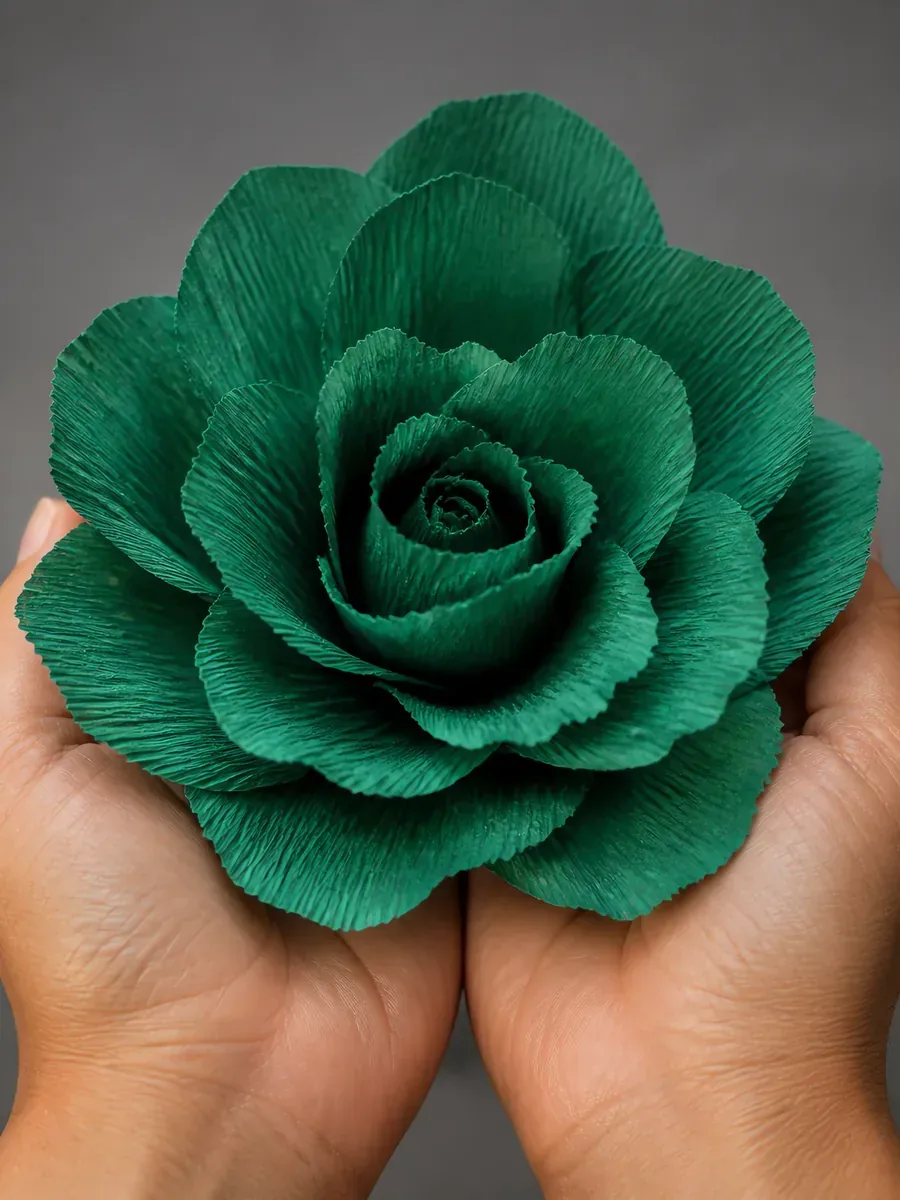 Manos sosteniendo una flor grande de papel crepé verde esmeralda