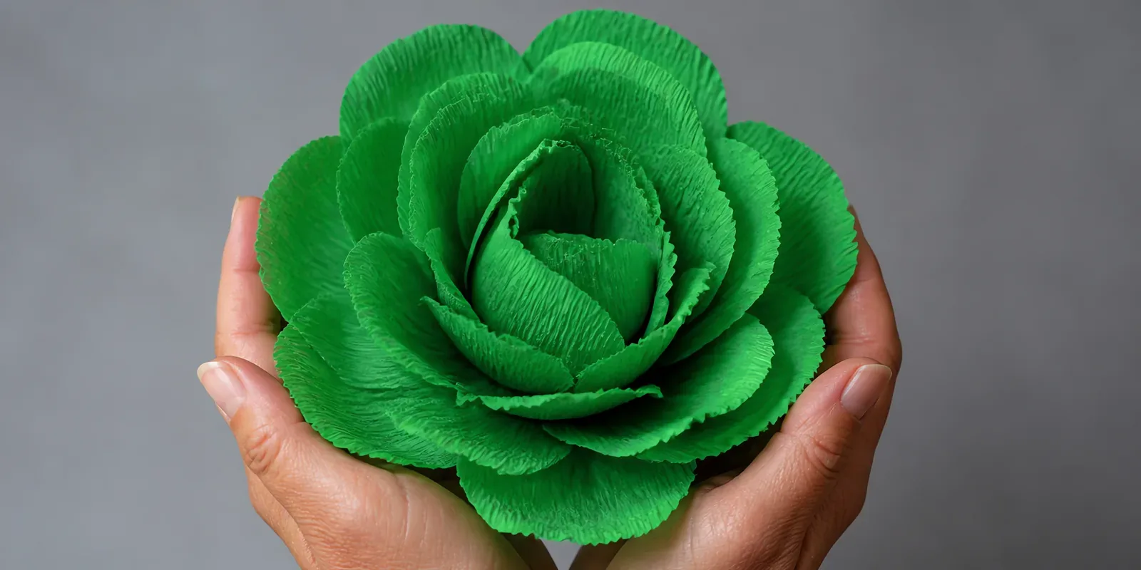 Manos sosteniendo una flor grande de papel crepé verde manzana