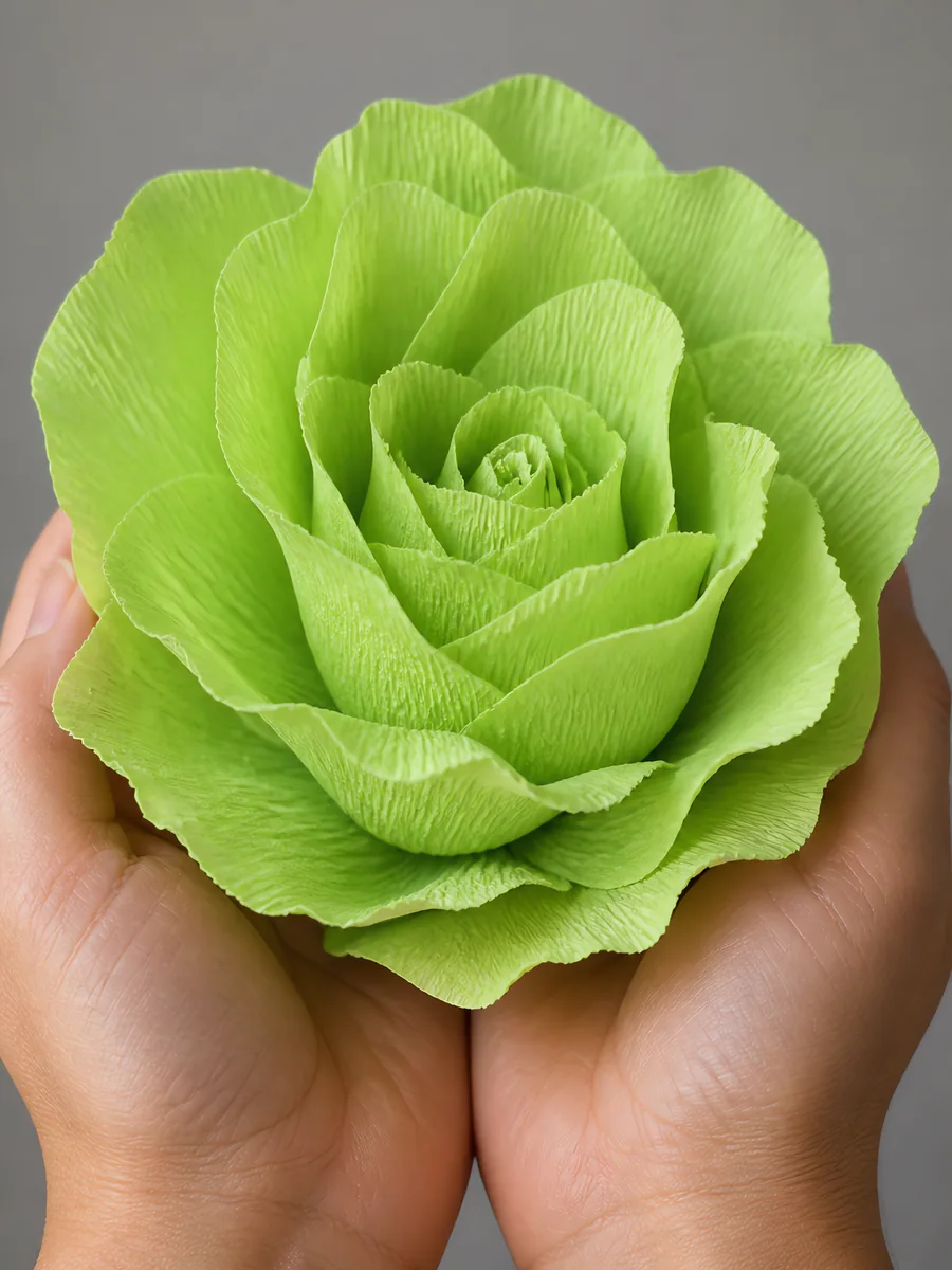 Manos sosteniendo una flor grande de papel crepé verde pálido