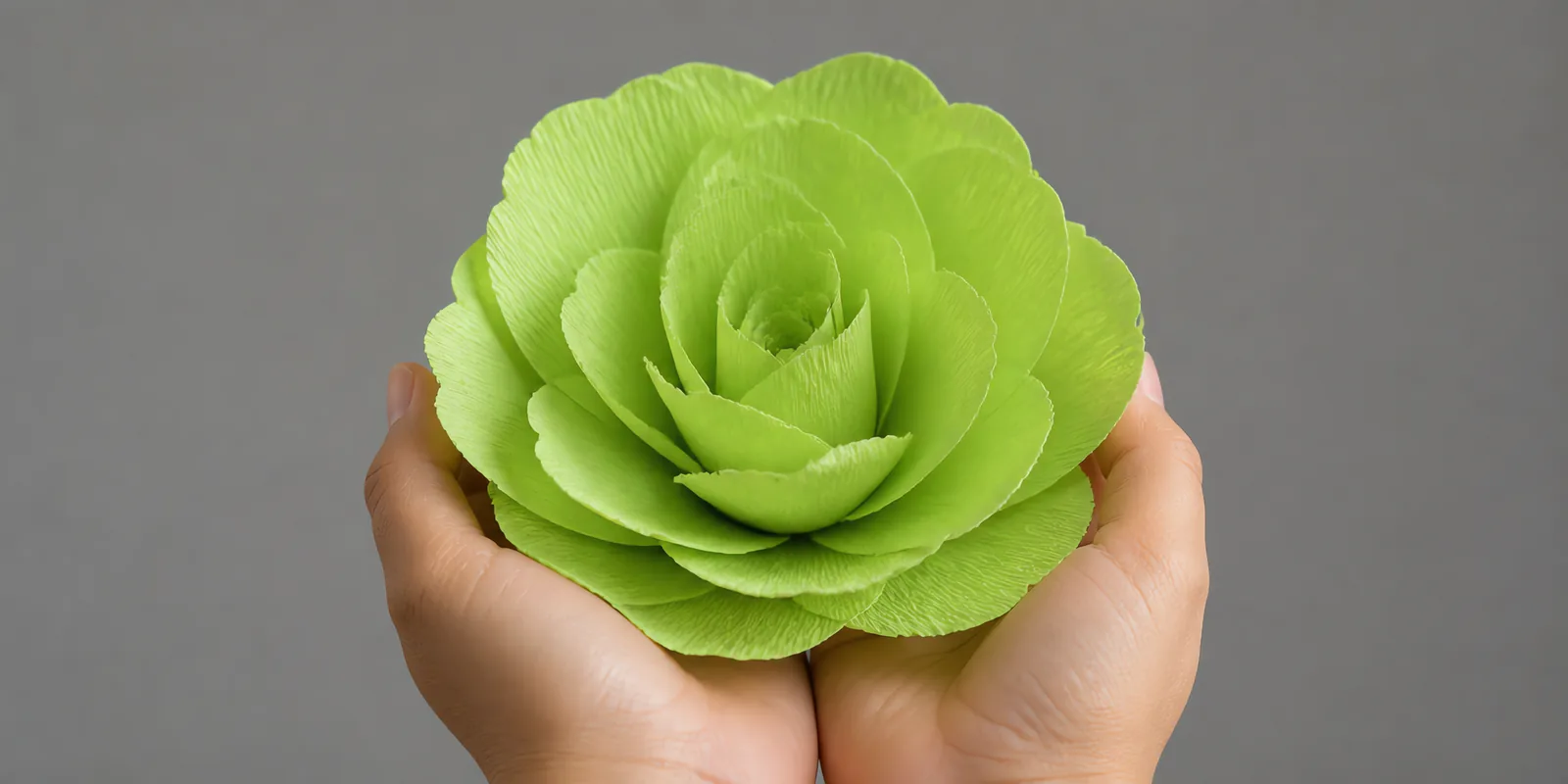 Manos sosteniendo una flor grande de papel crepé verde pálido