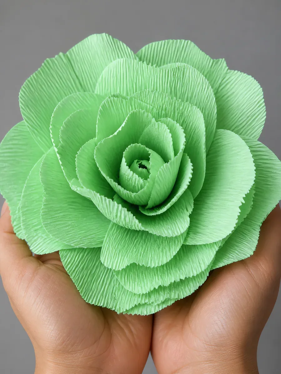 Manos sosteniendo una flor grande de papel crepé verde pastel