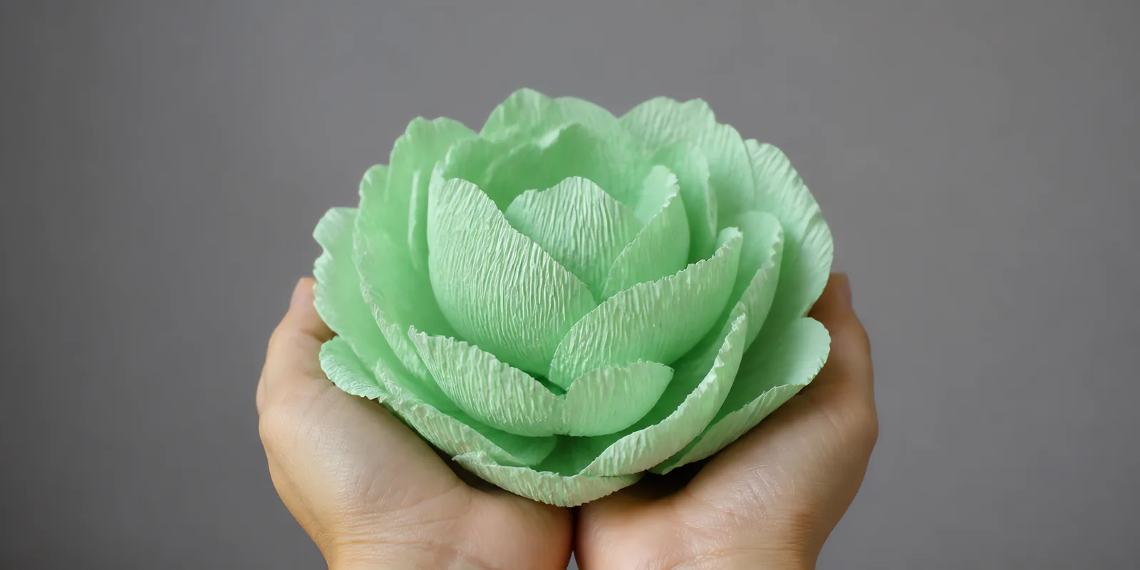 Manos sosteniendo una flor grande de papel crepé verde pastel