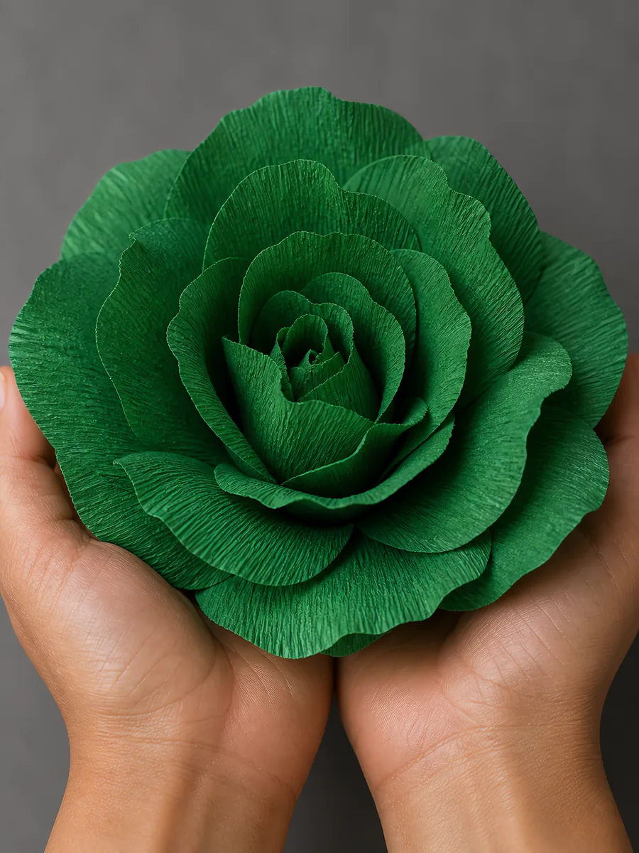 Manos sosteniendo una flor grande de papel crepé verde pasto